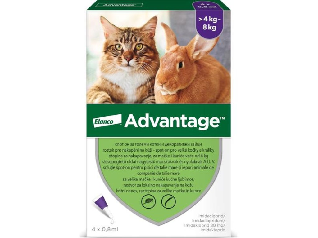 Advantage 80mg pro velké kočky a králíky, 4x 0,8ml roztok pro nakapání na kůži - spot-on, fialový
