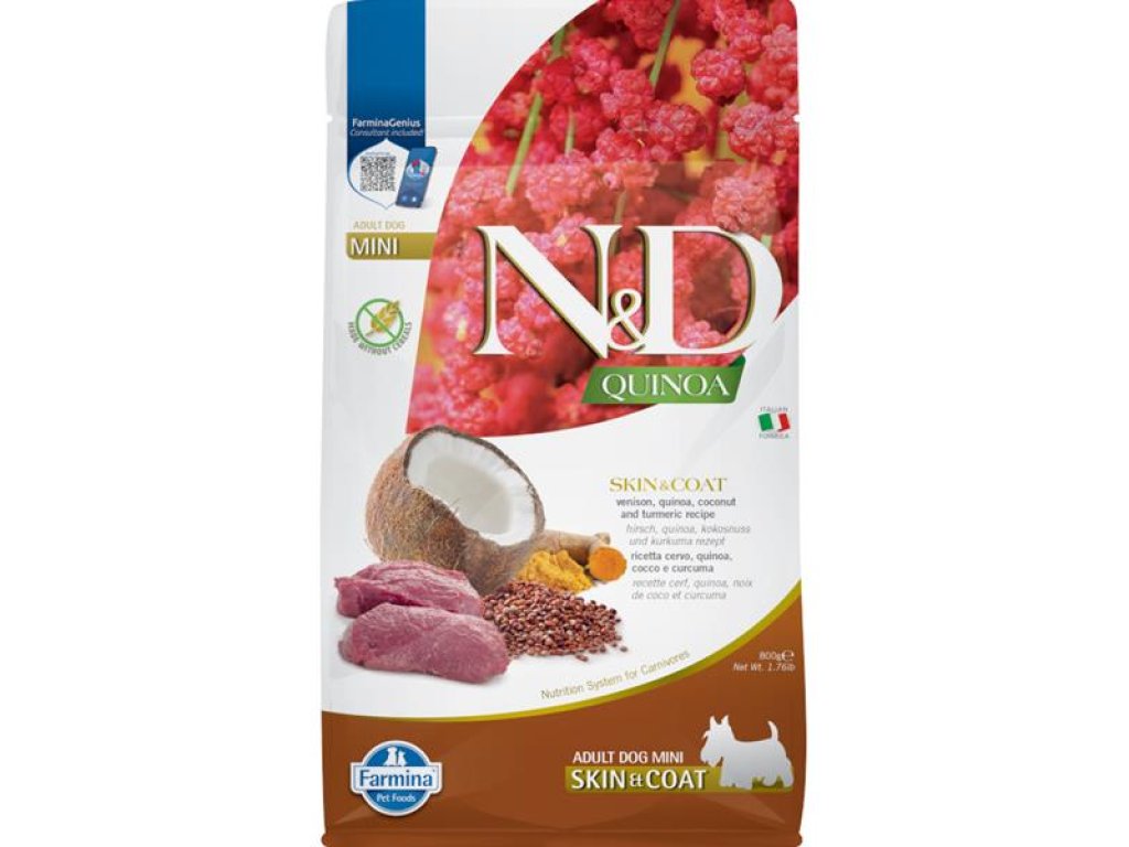 N&D QUINOA Dog GF Skin & Coat, Venison & Coconut Adult Mini 800 g