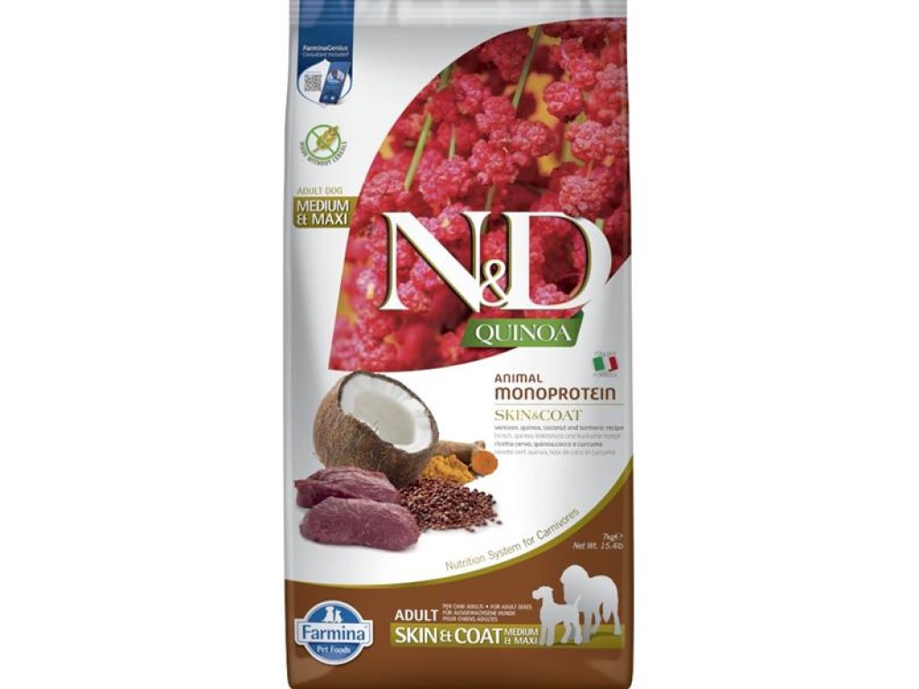 N&D QUINOA Dog GF Skin & Coat, Venison & Coconut Adult Medium & Maxi 7 kg
