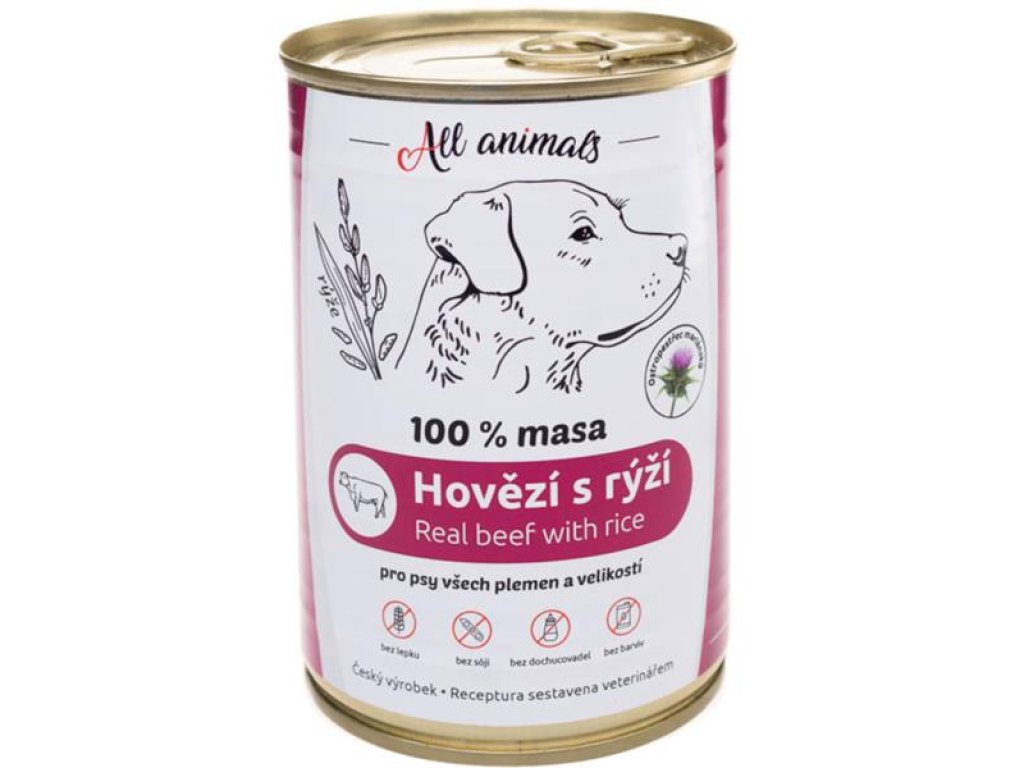 ALL ANIMALS konz. pro psy hov.mleté s rýží 400g