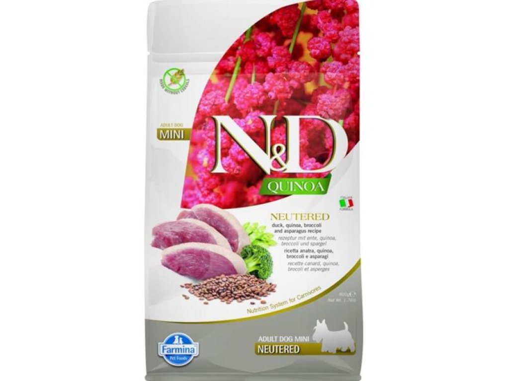 N&D QUINOA Dog GF Duck, Broccoli & Asparagus Neutered Adult Mini 800 g