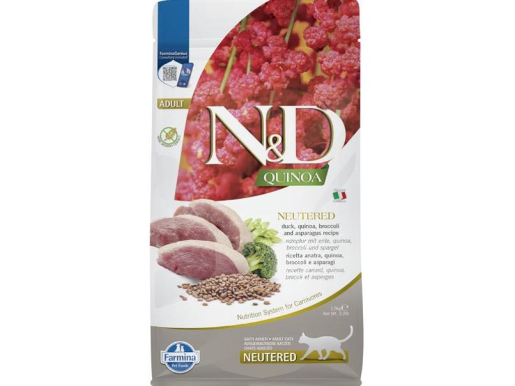 N&D QUINOA Cat GF Duck, Broccoli & Asparagus Neutered Adult 1,5 kg