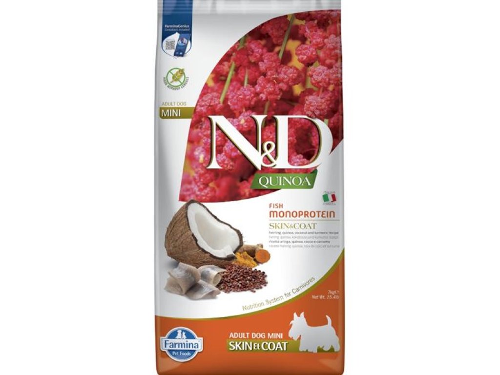 N&D QUINOA Dog GF Skin & Coat, Herring & Coconut Adult Mini 7 kg