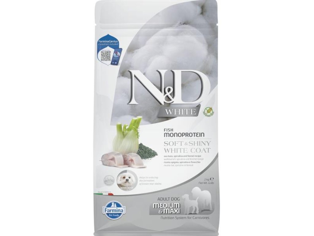 N&D WHITE Dog GF Sea Bass, Spirulina & Fennel Adult Medium & Maxi 2 kg