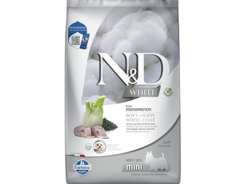 N&D WHITE Dog GF Sea Bass, Spirulina & Fennel Adult Mini 5 kg