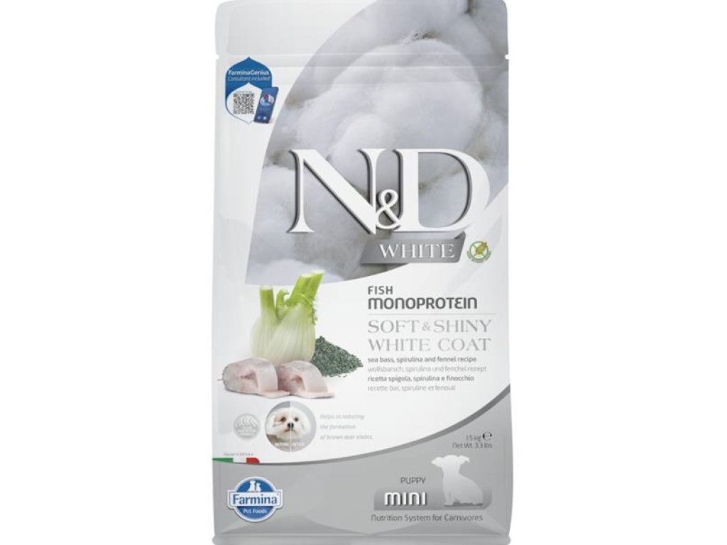 N&D WHITE Dog GF Sea Bass, Spirulina & Fennel Puppy Mini 1,5 kg