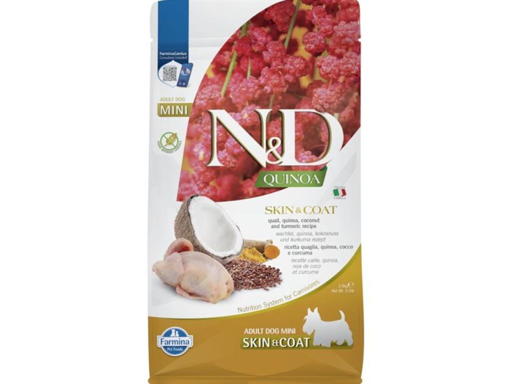 N&D QUINOA Dog GF Skin & Coat, Quail & Coconut Adult Mini 2,5 kg