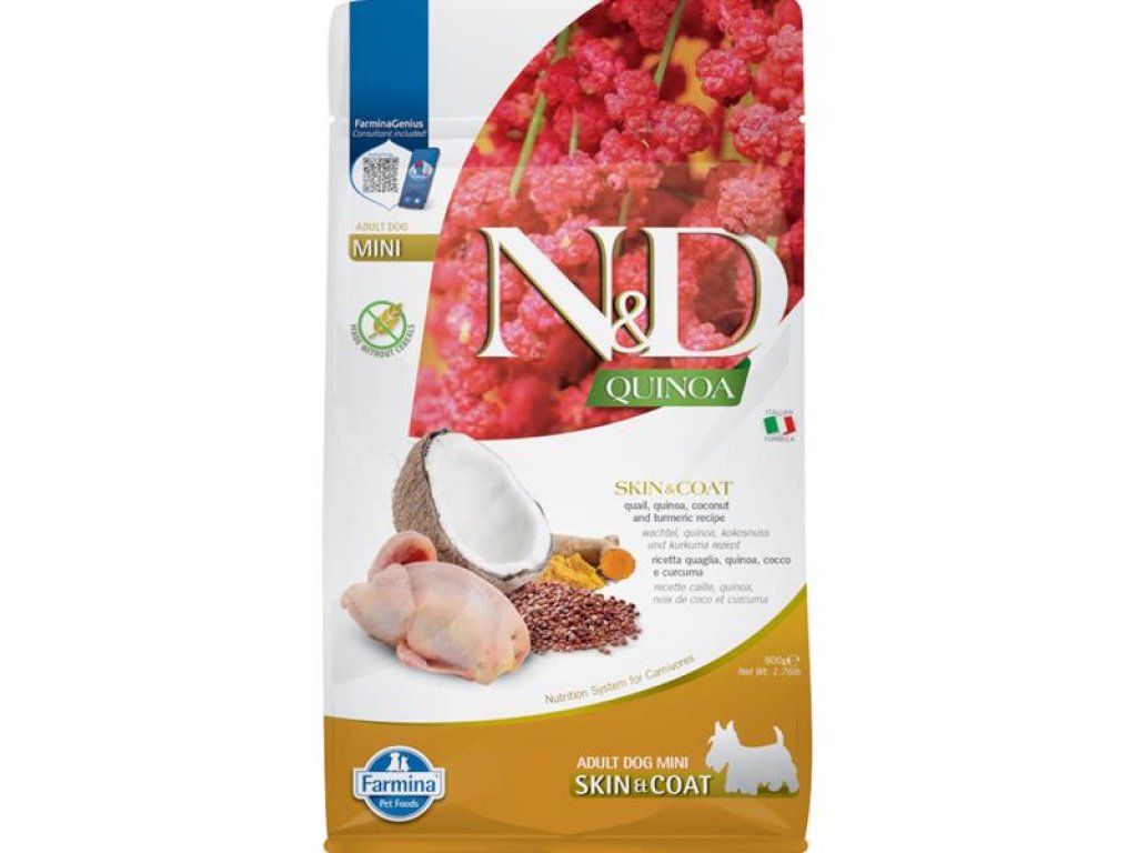 N&D QUINOA Dog GF Skin & Coat, Quail & Coconut Adult Mini 800 g