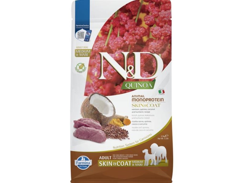 N&D QUINOA Dog GF Skin & Coat, Venison & Coconut Adult Medium & Maxi 2,5 kg