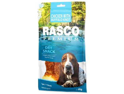 Pochoutka Rasco Premium buvolí kůže obalená kuřecím, uzel 15cm 80g