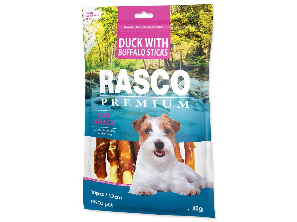 Pochoutka Rasco Premium buvolí kůže obalená kachním, tyčinky 80g