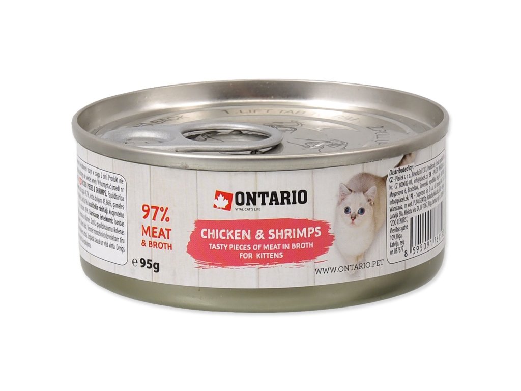 Konzerva Ontario Kitten kuřecí kousky s krevetami 95g