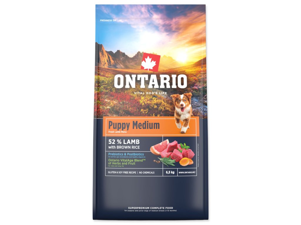Krmivo Ontario Puppy Medium Lamb & Brown Rice 6,5kg