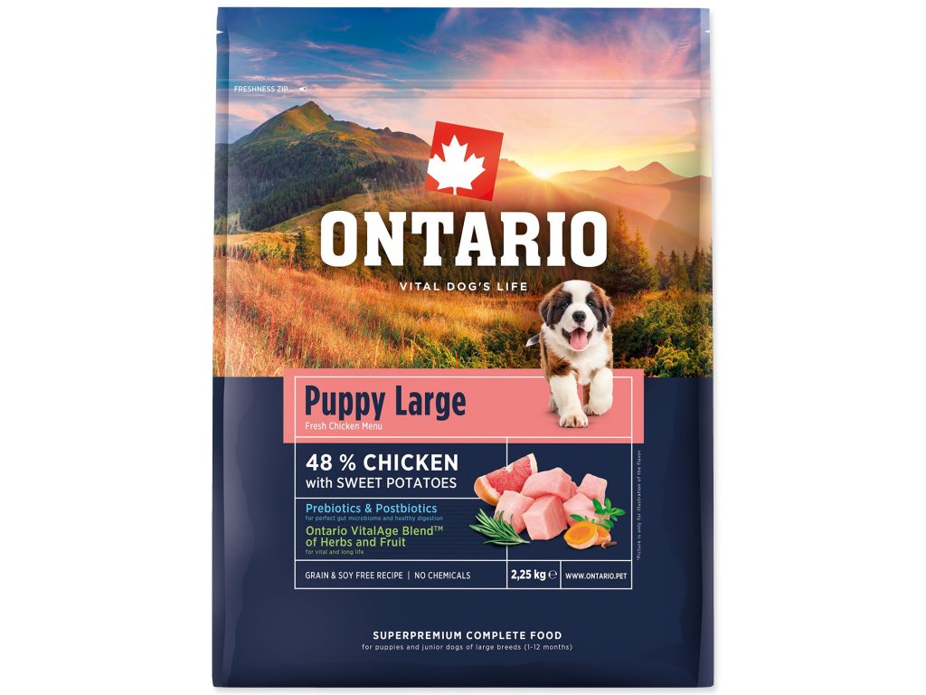 Krmivo Ontario Puppy & Junior Large Chicken & Sweet Potatoes 2,25kg
