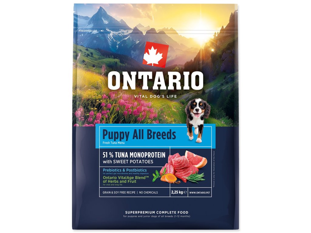 Krmivo Ontario Puppy & Junior All Breeds Monoprotein Tuna & Sweet Potatoes 2,25kg
