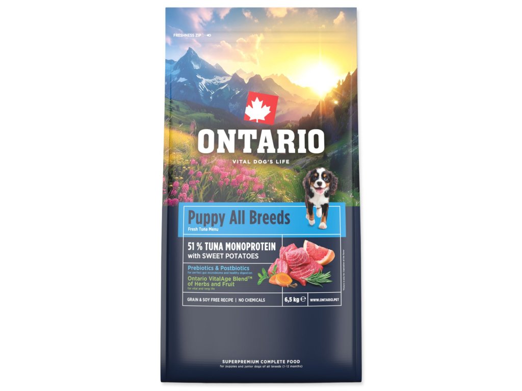 Krmivo Ontario Puppy & Junior All Breeds Monoprotein Tuna & Sweet Potatoes 6,5kg