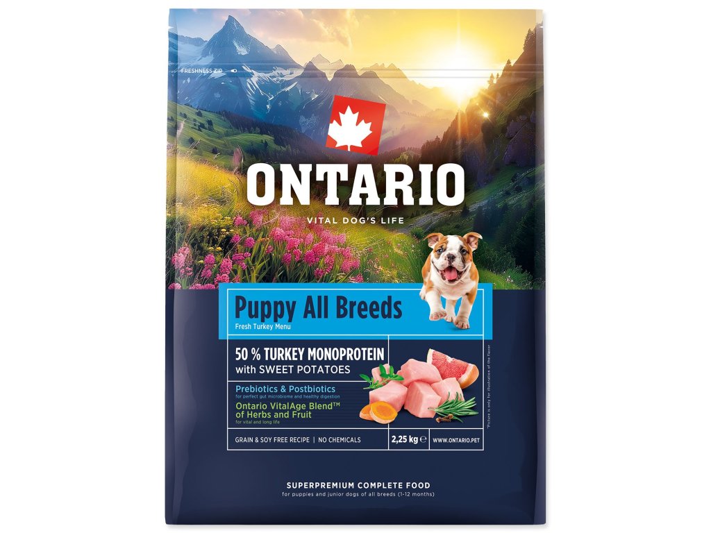Krmivo Ontario Puppy & Junior All Breeds Monoprotein Turkey & Sweet Potatoes 2,25kg