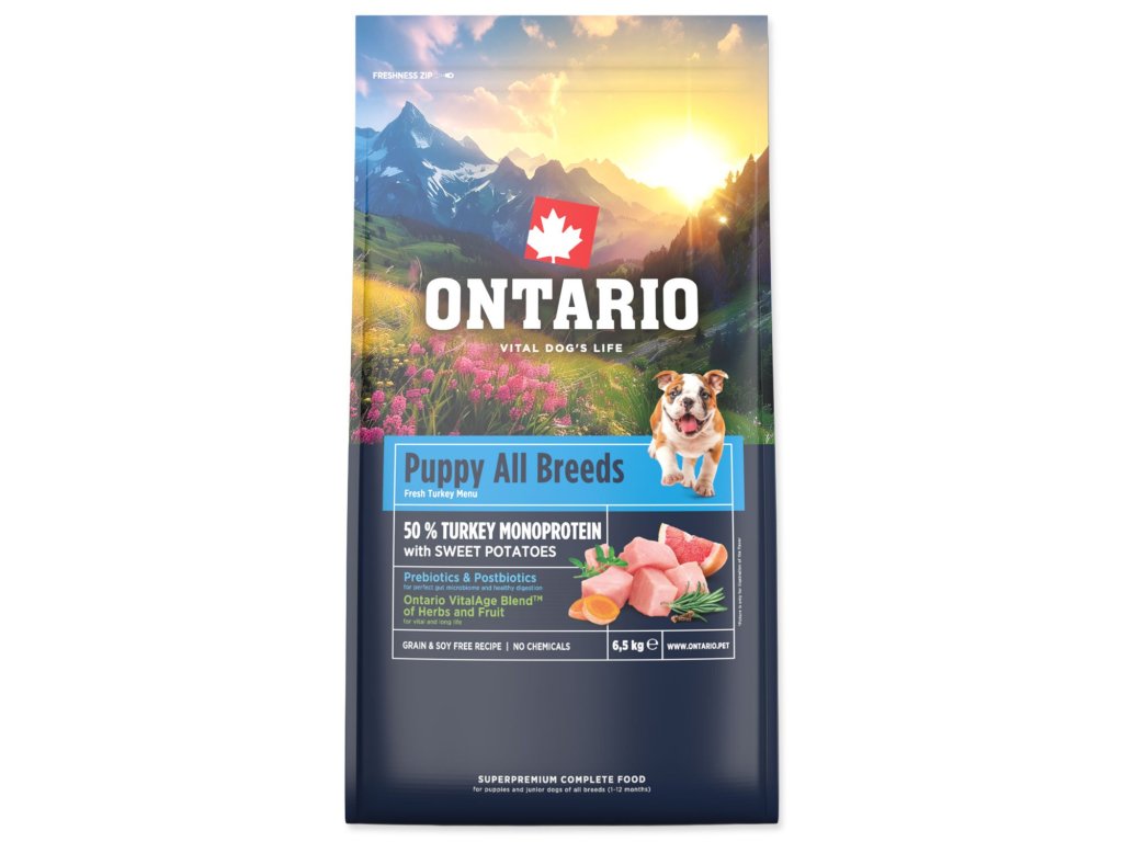 Krmivo Ontario Puppy & Junior All Breeds Monoprotein Turkey & Sweet Potatoes 6,5kg