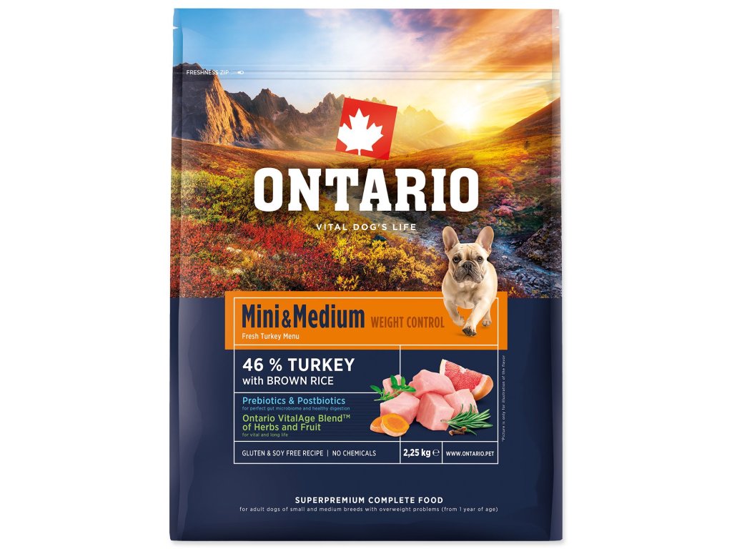 Krmivo Ontario Mini & Medium Weight Control Turkey & Brown Rice 2,25kg