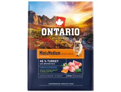 Krmivo Ontario Mini & Medium Weight Control Turkey & Brown Rice 2,25kg
