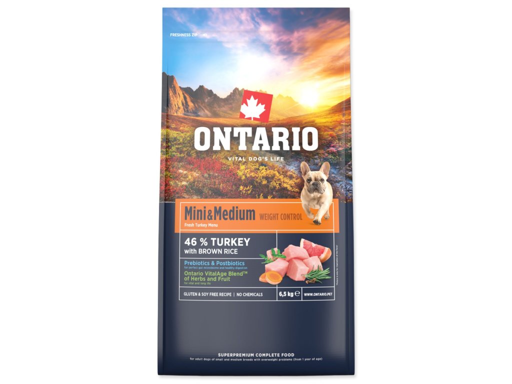 Krmivo Ontario Mini & Medium Weight Control Turkey & Brown Rice 6,5kg