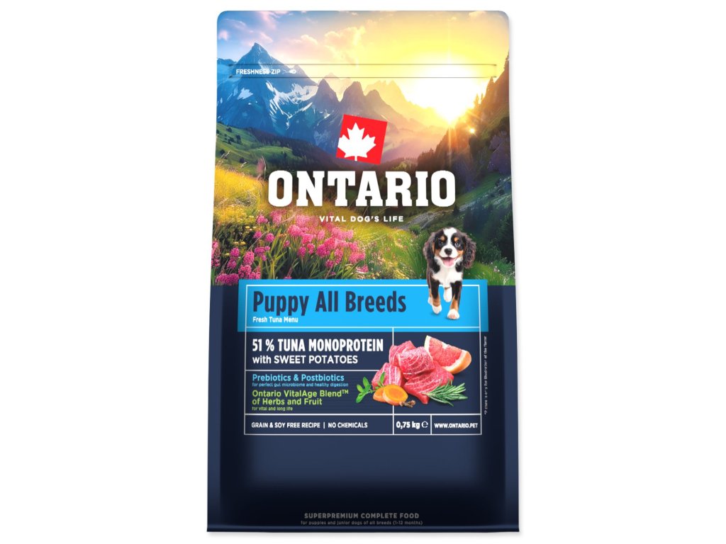 Krmivo Ontario Puppy & Junior All Breeds Monoprotein Tuna & Sweet Potatoes 0,75kg