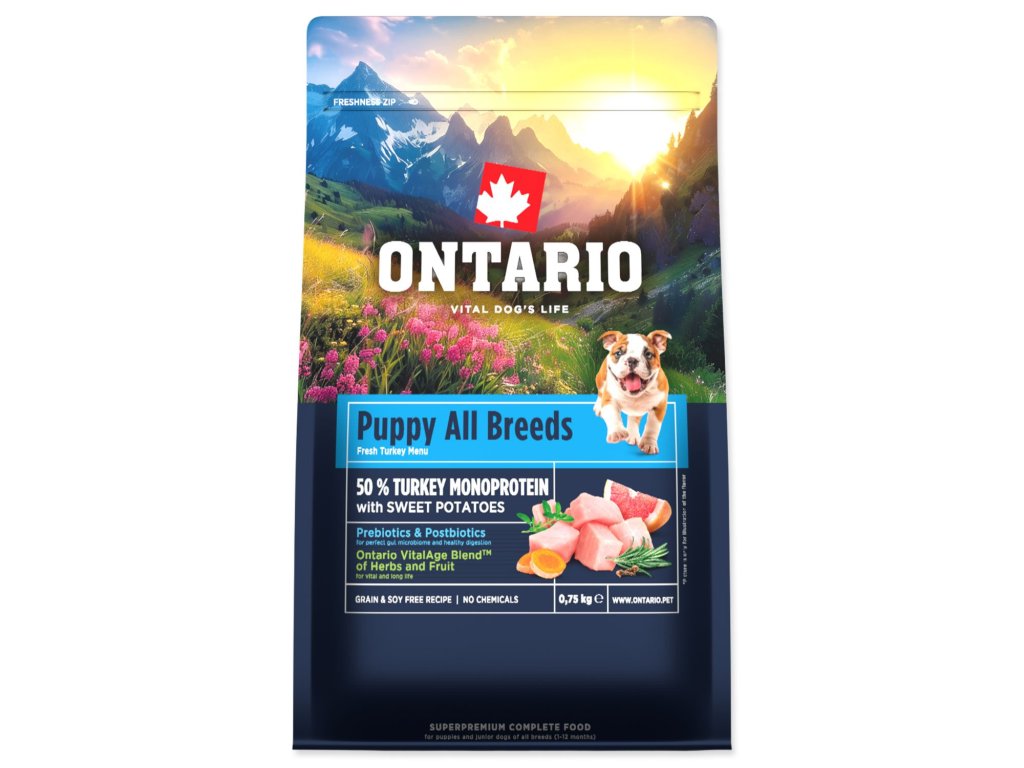 Krmivo Ontario Puppy & Junior All Breeds Monoprotein Turkey & Sweet Potatoes 0,75kg