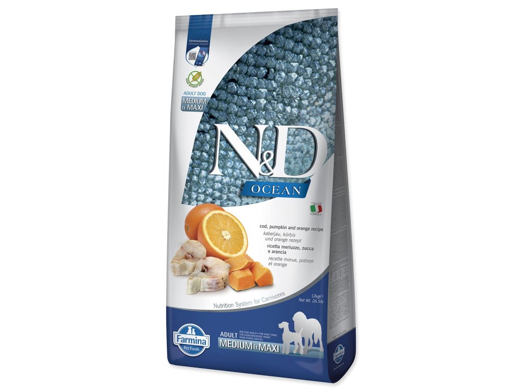 Krmivo N&D Dog Ocean Adult Medium & Maxi Codfish, Pumpkin & Orange 12kg