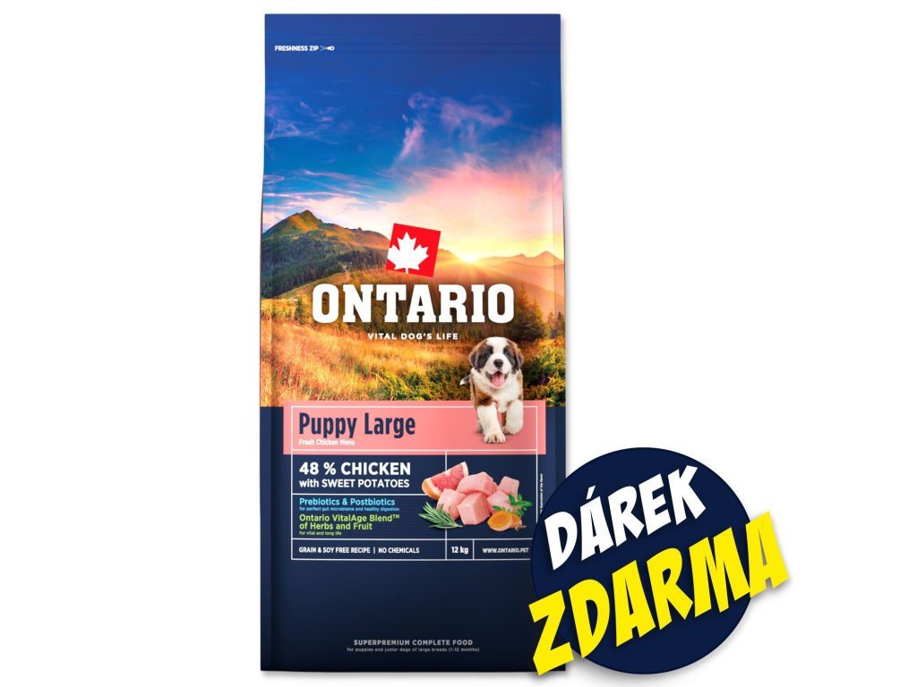 Krmivo Ontario Puppy & Junior Large Chicken & Sweet Potatoes 2x12kg+Barel ZDARMA