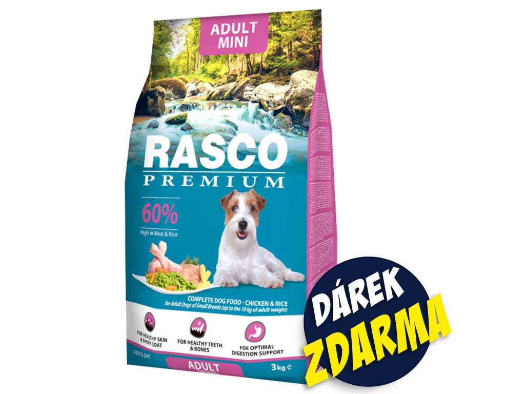 Krmivo Rasco Premium Adult Mini kuře s rýží 3kg+Pochoutka Rasco Premium 80g