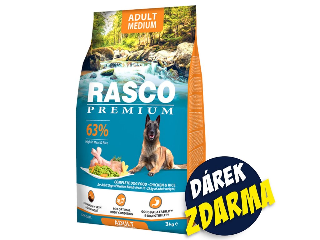 Krmivo Rasco Premium Adult Medium kuře s rýží 3kg+Pochoutka Rasco Premium 80g