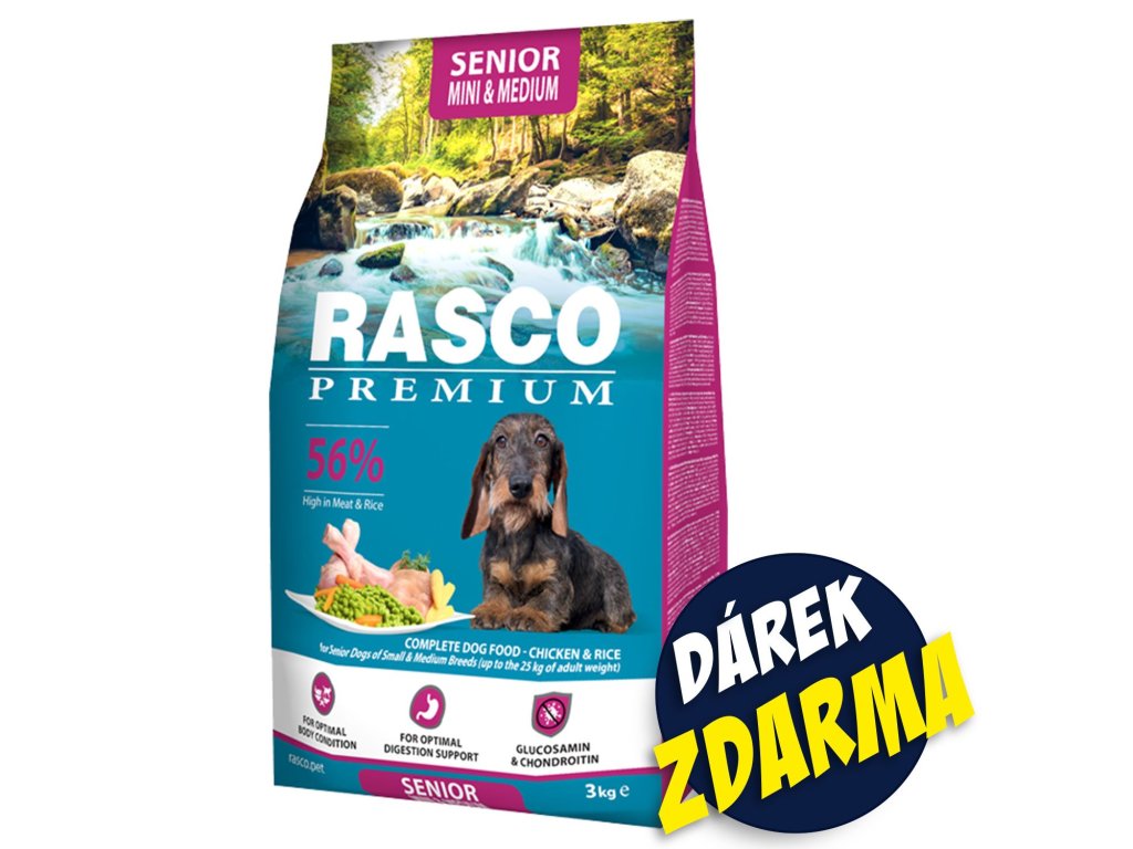 Krmivo Rasco Premium Senior Mini & Medium kuře s rýží 3kg+Pochoutka Rasco Premium 80g