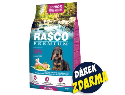 Krmivo Rasco Premium Senior Mini & Medium kuře s rýží 3kg+Pochoutka Rasco Premium 80g