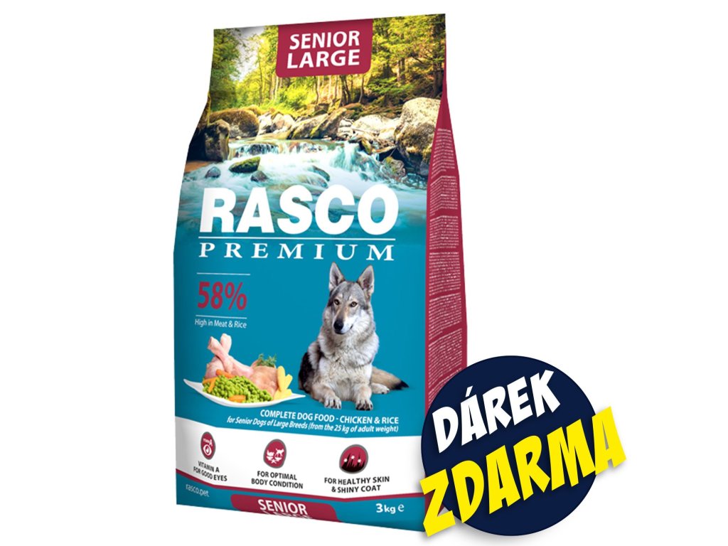 Krmivo Rasco Premium Senior Large kuře s rýží 3kg+Pochoutka Rasco Premium 80g
