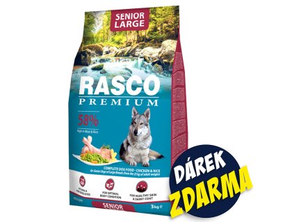 Krmivo Rasco Premium Senior Large kuře s rýží 3kg+Pochoutka Rasco Premium 80g