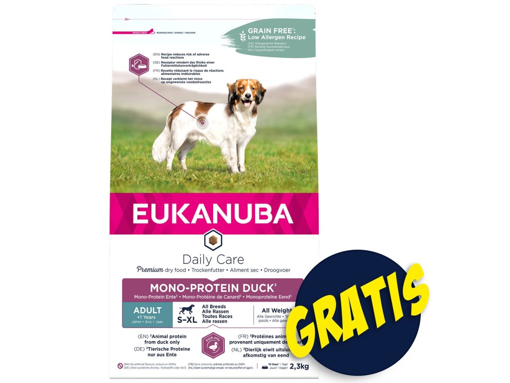 Krmivo EUKANUBA Daily Care Adult Mono Protein Duck 2,3kg+Pochoutka Rasco Premium 80g