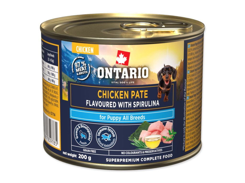 Konzerva Ontario Puppy kuřecí pate s příchutí spiruliny 200g