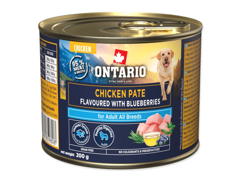 Konzerva Ontario Adult kuřecí pate s příchutí borůvek 200g