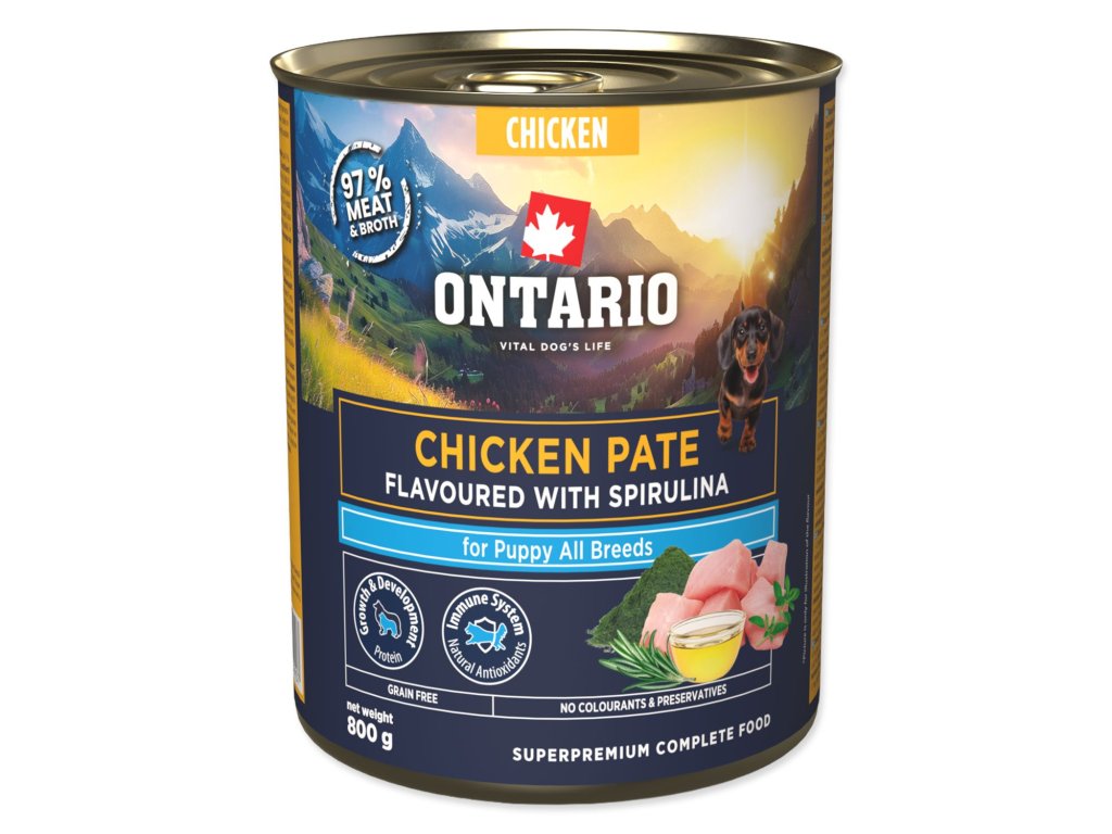 Konzerva Ontario Puppy kuřecí pate s příchutí spiruliny 800g