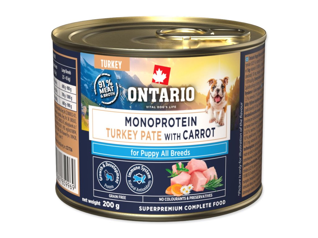 Konzerva Ontario Puppy monoprotein krůtí pate s mrkví 200g