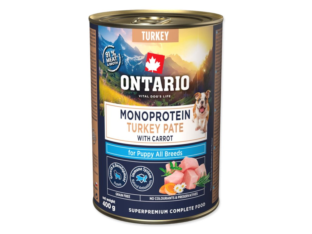 Konzerva Ontario Puppy monoprotein krůtí pate s mrkví 400g