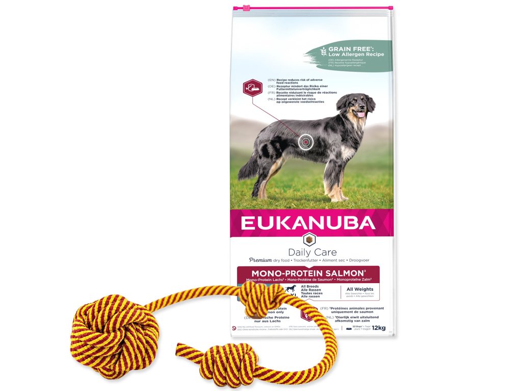 Krmivo EUKANUBA Daily Care Adult Mono Protein Salmon 12kg+Pochoutka Rasco Premium kuřecí plátky 230g